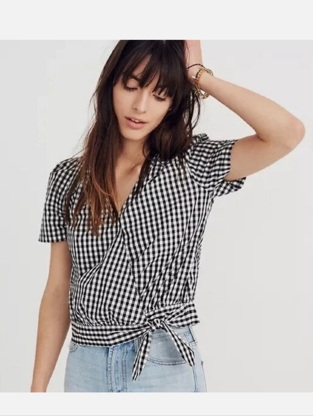 Madewell "Gingham Check Wrap Top" Tie Front Black White Plaid | Women's Size M